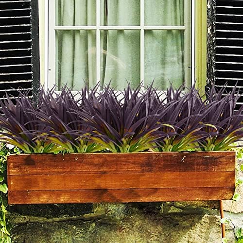 16Pcs Artificial Grass Fake Grass Plants 17.3in Outdoor Plants UV Resistant Faux Greenery Stems for Home Window Garden Patio Pathway Front Porch Halloween Décor Light Green & Purple - Image 3