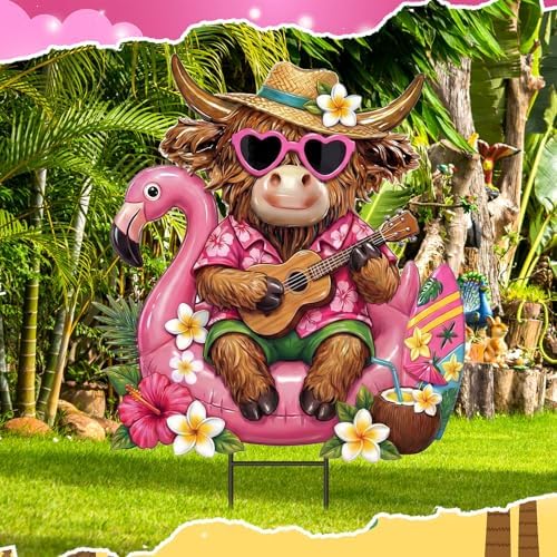 Amyhill Summer Highland Cow Outdoor Decor Metal Hawaiian Highland Cow Yard Signs with Stakes Tropical Pink Flamingo Decorative Lawn Signs for Indoor Outside Garden Pathway Walkway Holiday Party Decor - Image 2