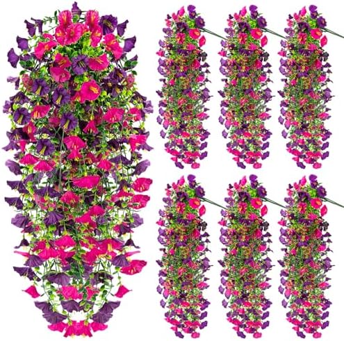 6 Pack Purple Fuchsia Artificial Hanging Flowers, Fake Purple Fuchsia Morning Glory Vines Hanging Flowers UV Resistant Artificial Flowers for Outdoors Porch Patio Balcony Indoor Home Decor by Sariiraw
