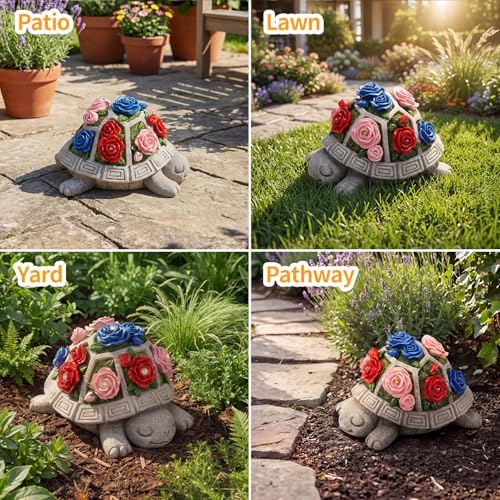 Solar Garden Decor Outdoor Turtle Statue with Multi-Color Rose Flowers & 7 LED Lights – Outside Tortoise Decoration for Lawn Yard Patio Backyard - Home House Art - Gift for Men Dad Women Mom - Image 5