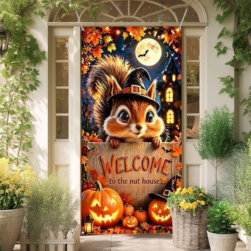 Halloween Door Cover 35.4x70.8in, Cute Squirrel Witch Hat Welcome to The Nut House Front Porch Banner, Jack-o-Lantern Pumpkin Fall Backdrop for Indoor Outdoor Home Yard Decorations by AOHMPT