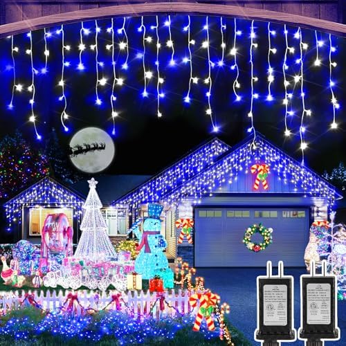 Christmas Lights Outdoor, 2 Pack Total 98FT 960 LED Ice Lights for Outside with 180 Drops 8 Modes Timer Memory, Plug in Waterproof for Holiday Eaves Yard Roof Party Decor (Blue and Cool White) by Heceltt