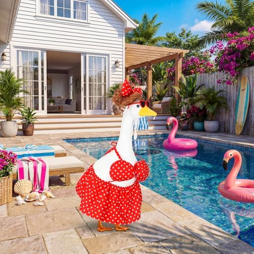 Abbylike Summer Bikini Porch Goose Outfit Red Polka Dot Bikini Yard Goose Hawaiian Clothes with Sunglasses and Curls Wigs Fits Large 23'' H Cement for Outdoor Garden Patio Pathway Statue Art Decor - Image 4