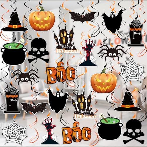 PartyGarden Halloween Hanging Swirl Decorations - 36 Pcs Hanging Spooky Ceiling Decor with Ghost, Pumpkin, Skull for Home, Office, Party - Image 2