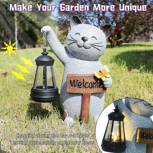 Juegoal Garden Statue Solar Cat Figurine with LED Lantern, Mothers Day 10" Resin Kitten Hold Welcome Sign, Outdoor Whimsical Lawn Porch, Lighted Housewarming Birthday for Mom Grandma - Image 4