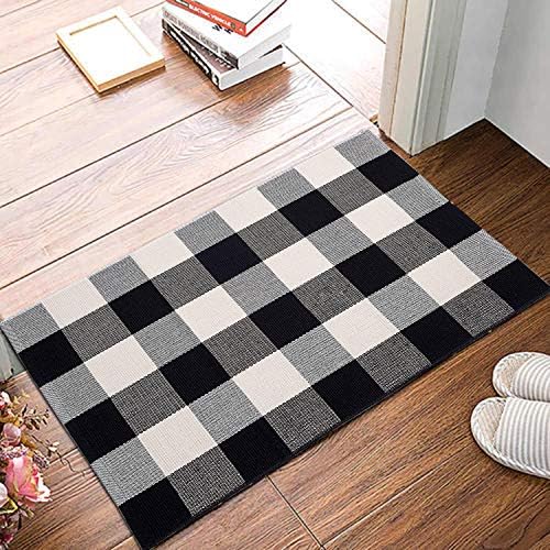 MUBIN Fall Decor Cotton Buffalo Plaid Rug, 2'x3' Black and White Outdoor Porch Front Door Mat, Washable Doormat Hand-Woven Foldable Area Rug Layered Door Mats Rug for Front Porch, Entryway - Image 6