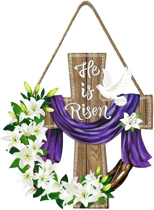 Harooni Easter Door Sign for Front Door He Is Risen Easter Cross Wood Wreaths Hanger Religious Cross Lily Flowers Outdoor Porch Decor Spring Flowers Wooden Wreath Wall Hanging Decoration 10.9"x10.9" by welcometoourhome