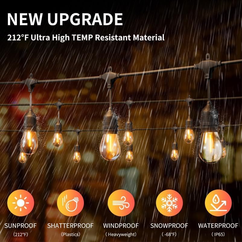 50FT Outdoor String Lights Waterproof with 30+2 Bulbs (1.5FT Bulbs Spacing), Remote & Dimmer, Commercial Grade Patio Lights with 3 Mode Light & Timing,100PC Ties for Outside - Image 5