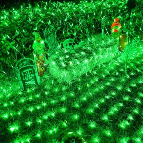 YEGUO Halloween Net Lights Outdoor Mesh Lights, 12ft x 5ft 360 LED Green Bush Light Outdoor Waterproof, 8 Modes Connectable Clear Wire Christmas Light Plug in - Image 2