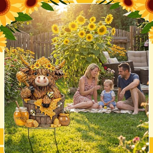 Amyhill Bee Highland Cow Outdoor Decor Honeybee Cow Metal Garden Stakes Decorative Rustic Bee Calf Lovers Yard Signs with Stakes for Farmhouse Spring Garden Lawn Outdoor Decorations - Image 2