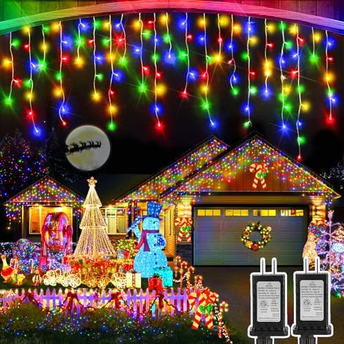 Christmas Lights Outdoor, 2 Pack Total 98FT 960 LED Ice Lights for Outside with 180 Drops 8 Modes Timer Memory, Plug in Waterproof for Holiday Eaves Yard Roof Party Christmas Decor (Multicolor) by Heceltt