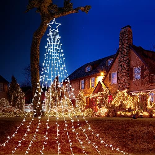 Outdoor Christmas Star Lights 320 LED Waterfall Christmas Tree Lights 8 Lighting Modes Outdoor Christmas Decorations Star String Lights for Outside Tree Wall Yard Xmas Wedding Party (White) - Image 6
