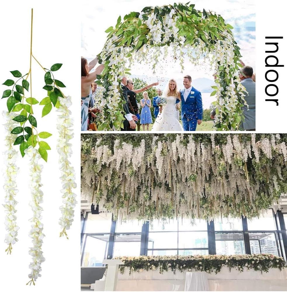 48Pcs Artificial Wisteria Flowers 3.6 Feet/Piece White Dense Artificial Fake Wisteria Vine Ratta Hanging Garland Silk Flowers String Home Party Wedding Decor(White-Dense) - Image 5