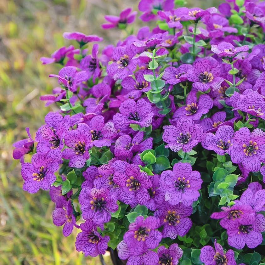HyeFlora Artificial Flowers for Outdoor Indoor Garden Home Decoration, Faux Flower Daisy with Eucalyptus Leaves Fake Plants Greenery Boxwood Porch Patio, 12 Bundles (Purple) - Image 2