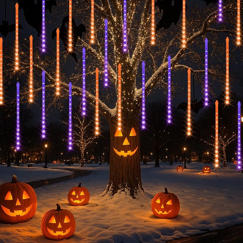 LAMPHOME Halloween Lights Outdoor,12-inch LED Meteor Shower Icicle Lights, 10 Tubes 240 LED String Lights. Waterproof Plug, Shower Rain for Xmas Tree Yard House Decor Purple&Orange - Image 3