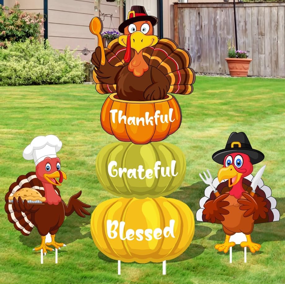Thanksgiving Yard Signs Turkey Pumpkin Fall Yard Stakes Thanksgiving Outdoor Decorations Harvest Autumn Lawn Decorations Weatherproof Yard Signs for Garden Home Lawn Patio Walkway Decorations, grateful by Unknown