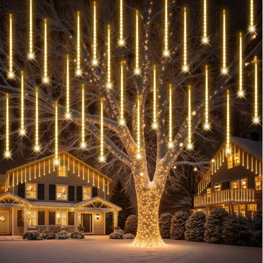 PEMOTech Christmas Lights Outdoor,24 Tubes 30cm 576 Led Meteor Shower Lights, Waterproof Christmas Decorations Icicle Light for Xmas Tree Halloween Party, Ul Plug,Warm White by PEMOTech
