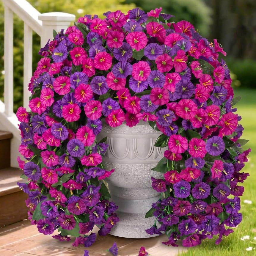 HyeFlora Artificial Fake Hanging Flowers Plants for Outdoor Outside, 2PCS Faux Silk Morning Glory Trailing Vines UV Resistant Look Real for Home Planter Porch Patio (Dark Purple and Fuchsia) by HyeFloraartificialflowers