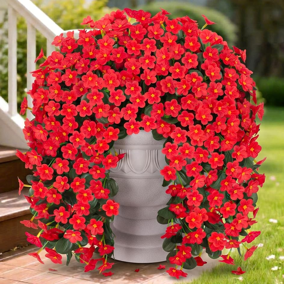 HyeFlora Artificial Fake Hanging Plants Flowers for Outdoor Outside Spring Decoration, 2 PCS Faux Silk Daisy Red Orchid Vines UV Resistant Realistic for Home Indoor Porch Patio Balcony by HyeFloraartificialflowers